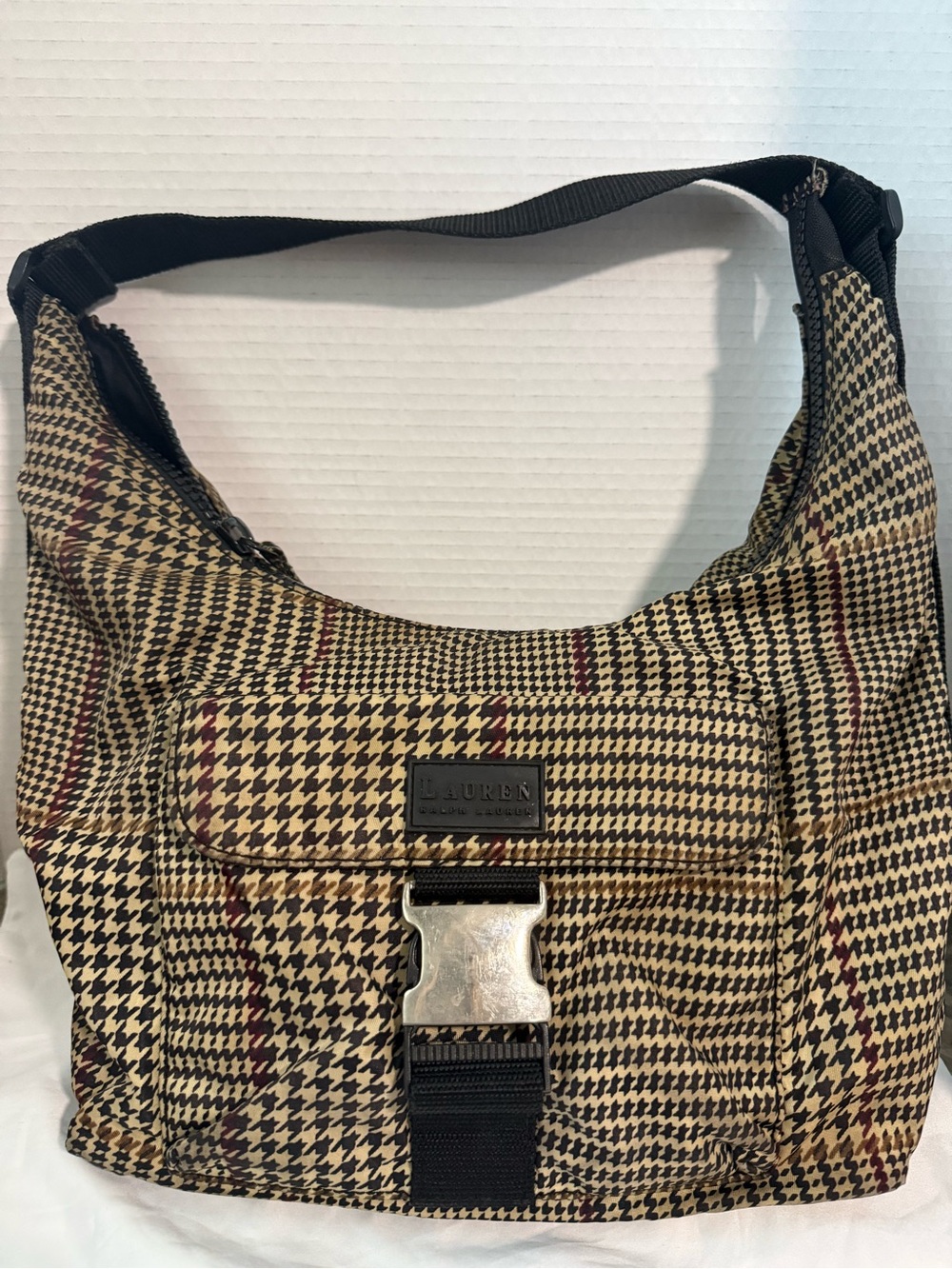 Lauren Ralph Lauren Houndstooth Shoulder Bag in Tan, Black and Red